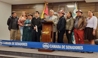 El grupo de senadores del MAS en conferencia de prensa. 