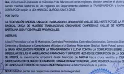 Instructiva que señalaba que desde el lunes debería iniciar el bloqueo indefinido en Potosí.