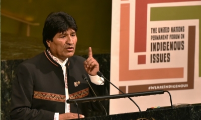 El presidente Evo Morales en el Foro Indigena de Naciones Unidas. 