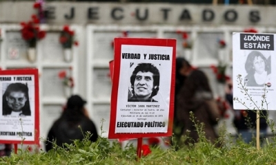 La imagen del cantautor Víctor Jara en la conmemoración del golpe de Estado en Chile.