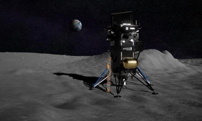 Imagen ilustrativa del taladro TRIDENT perferando la superficie lunar en búsqueda de hielo. Foto: NASA