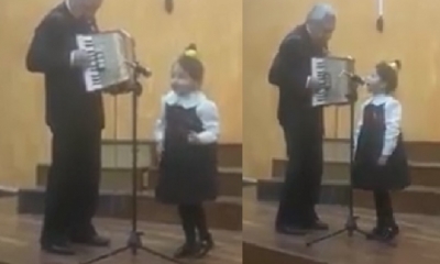 Sonyta Valeria Murguía Donaire, del kínder Campanita, y su abuelito Julio Donaire Herrera/Foto.Captura de pantalla 