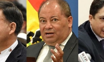 Juan Ramón Quintana, ministro de la Presidencia, Carlos Romero, de Gobierno, Héctor Arce, de Justicia