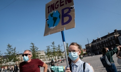 Activistas contra el cambio climático del grupo Extinction Rebellion en la plaza Kongens Nytorv de Copenhague, Dinamarca, el 16 de septiembre de 2020.
