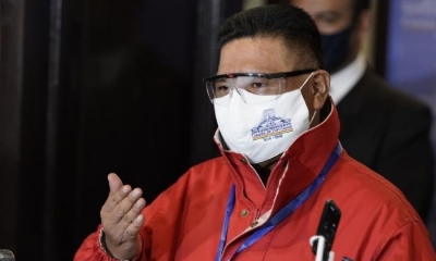 El presidente del Senado, Sergio Choque, en rueda de prensa este martes. 