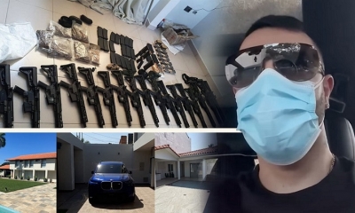 El narco uruguayo Sebastián Enrique Marset Cabrera (der) y las armas y autos que fueron secuestrados en su mansión (izq).