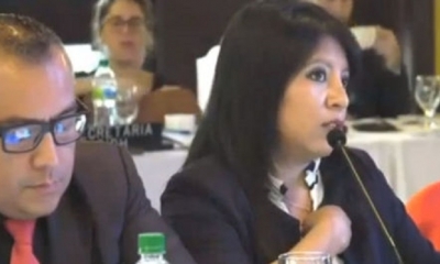 El representante de la defensoría en Cochabamba, Nelson Cox, y la defensora del Pueblo, Nadia Cruz, en la CIDH. Captura de imagen