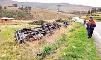Dos camiones sufrieron falla en sus frenos, uno se chocó contra la peña y el otro se embarrancó y volcó de costado.