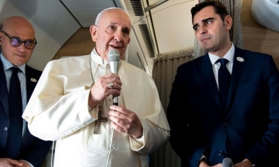El papa Francisco en una conferencia de prensa en el avión en el que viaja a Panamá. 23 de enero de 2019.
