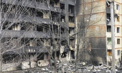 Edificio destruido por los bombardeos rusos en Kharkiv.