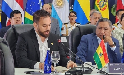El l ministro de Gobierno, Eduardo Del Castillo, junto con el canciller Rogelio Mayta en Cali, Colombia.