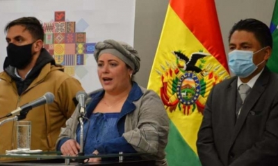 La ministra de la Presidencia, María Nela Prada; el ministro de Gobierno, Eduardo del Castillo; y el ministro de Justicia, Iván Lima. | ABI