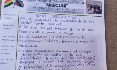 Voto resolutivo de la Central Regional Campesina de Misicuni: