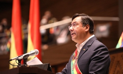 El presidente del Estado, Luis Arce Catacora, durante su informe de gestión el 8 de noviembre de 2021. Foto: Archivo