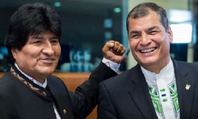 Evo Morales y Rafael Correa en una acto oficial, cuando eran presidentes de Bolivia y Ecuador, respectivamente.